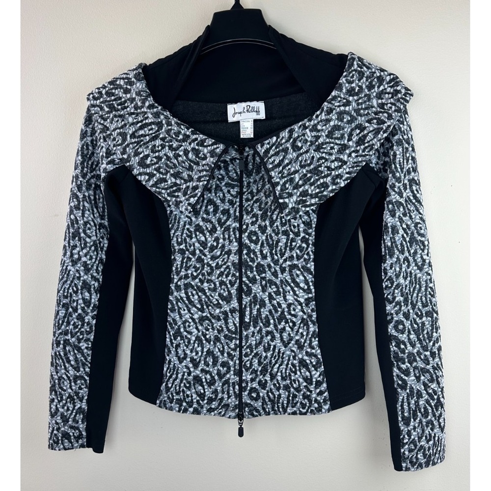 Joseph Ribkoff Women's Size 10 Leopard Print Zip Up Portrait Collar Jacket Grey - Picture 2 of 12